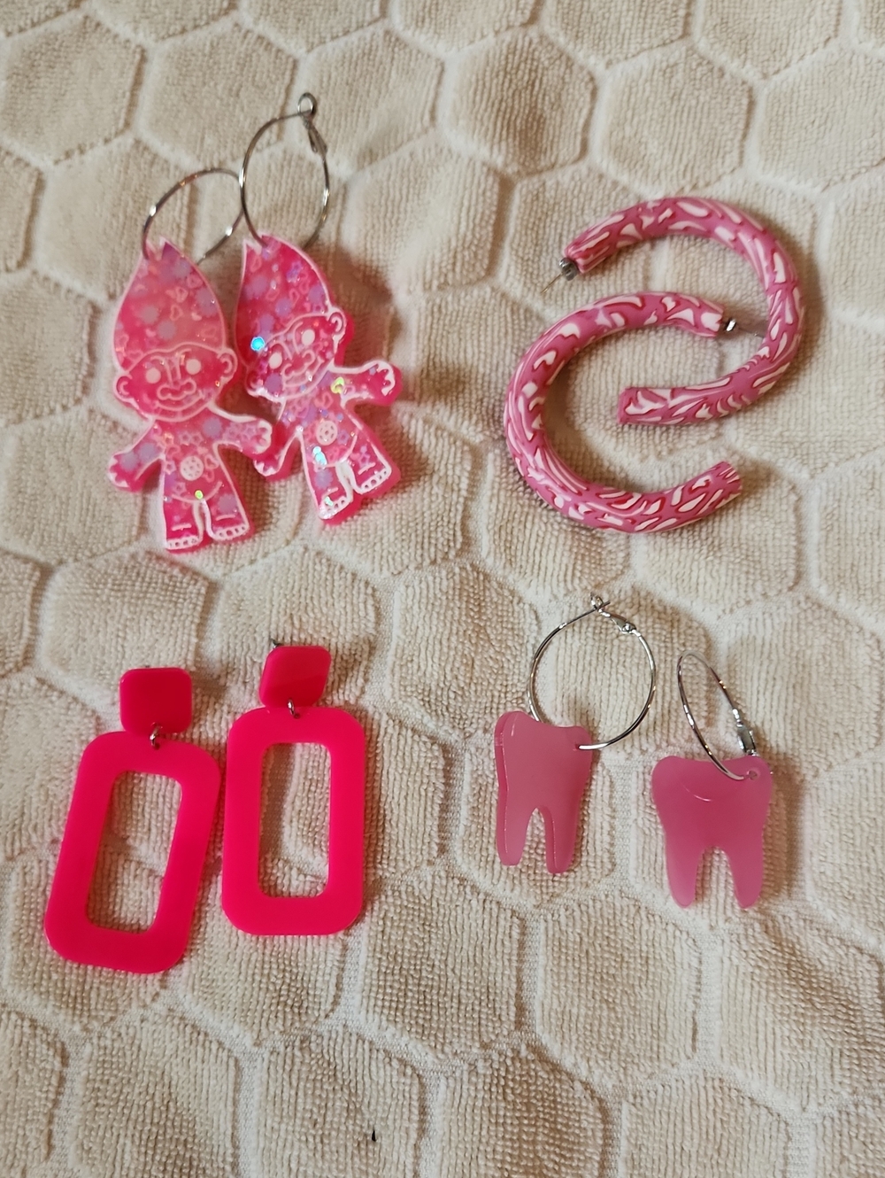 Pink Acrylic Novelty Earrings Set - Trolls, Hoops, Rectangles, Tooth Charms
